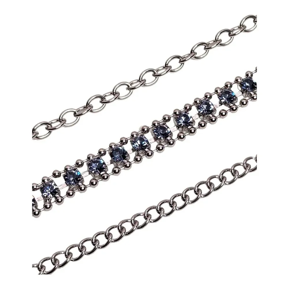 Womens Silver Tone Multi Strand Layered 35in Necklace Blue Rhinestone Curb Chain